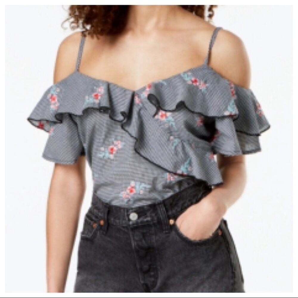 Gypsies & Moondust Black White Gingham Floral Embroidered Cold Shoulder Top